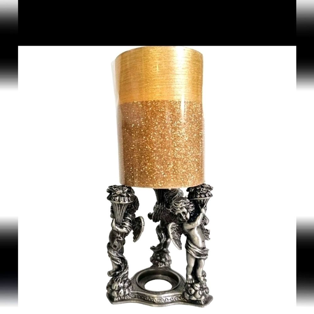 Pewter Three Angels Cherubs Playing Flute Tea Light Candle Votive Holder Decor